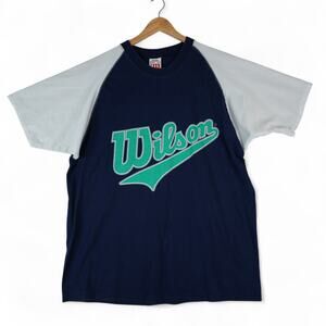Vintage Wilson T-Shirt Mens XXL Blue Colorblock Tennis Script Spellout